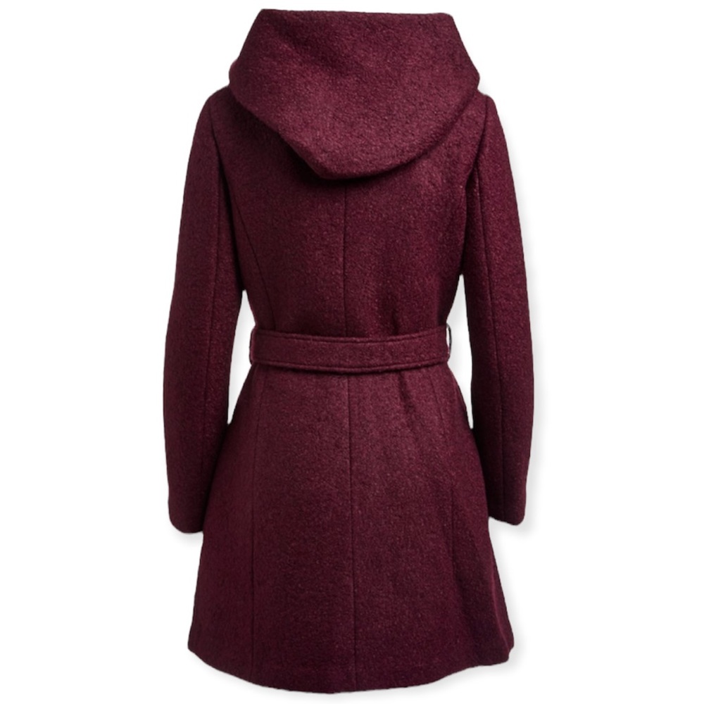 COLE HAAN Wool Coat Maroon Hooded Wrap Around Tie Waist Pockets - Picture 2 of 4